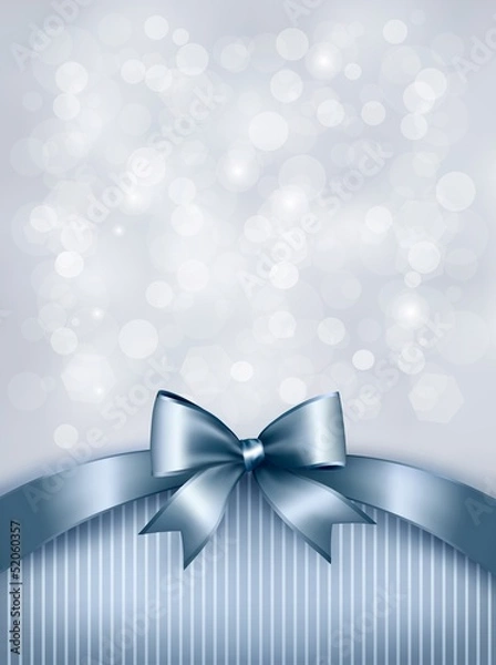 Fototapeta Holiday blue background with gift glossy bow and ribbon. Vector