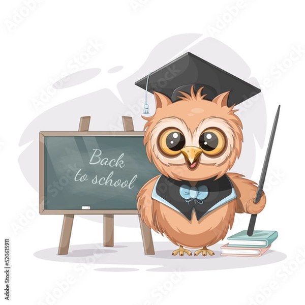 Fototapeta Smart owl with school board, pointer and books