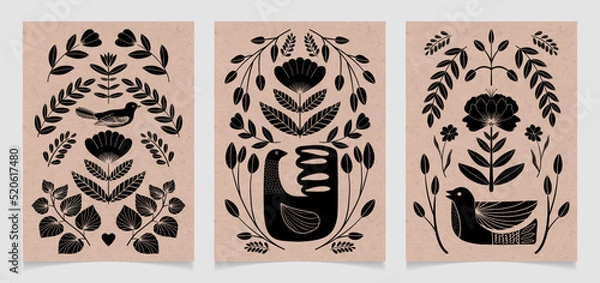 Obraz Set of symmetrical ornament with bird, flowers and leaves with different folk compositions. Motif in scandinavian style. Ethnic flat illustration with paper texture in black.