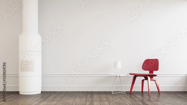 Obraz Red chair in the white room and fireplace - 3D rendering