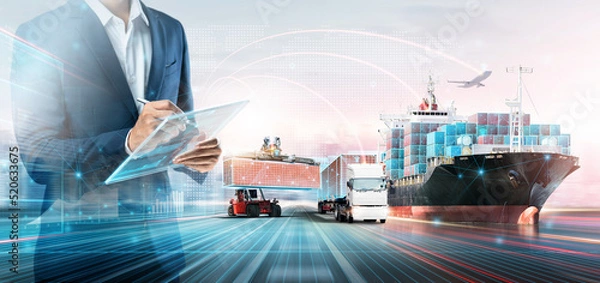 Fototapeta Smart Logistics Global Business and Warehouse Technology Management System Concept, Businessman using tablet control delivery network distribution import export, Double exposure future Transportation