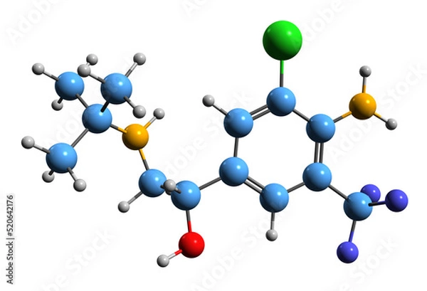 Fototapeta 3D image of Mabuterol skeletal formula - molecular chemical structure of Beta2-adrenergic agonists isolated on white background