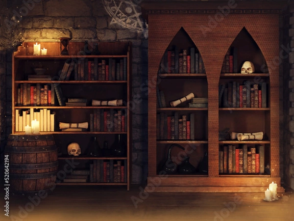 Fototapeta Fantasy magical library with books, scrolls, candles, and skulls at night. 3D render.