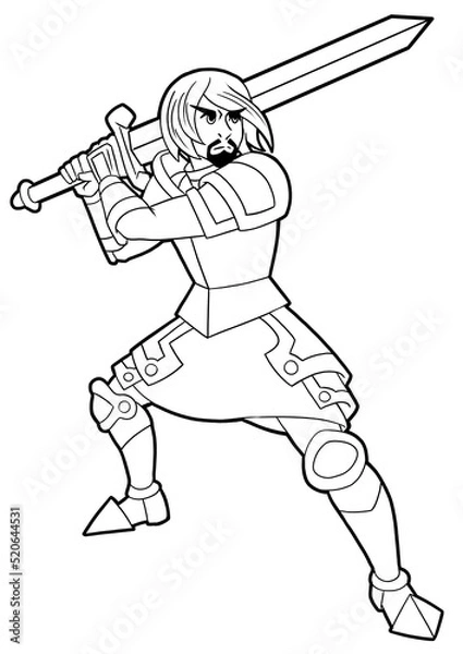 Fototapeta A male knight stands in a fighting pose holding a sword at the ready in his hands, he is drawn in the style of anime and manga, he has a beard, he is wearing heavy armor, an outline drawing coloring