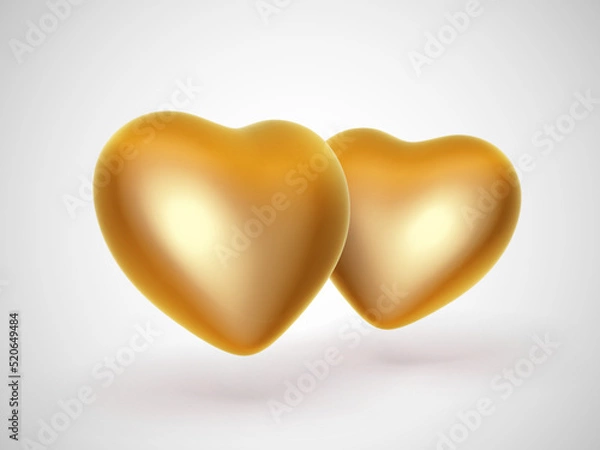 Fototapeta Two 3D golden hearts on white background. Concept of human relationships or wedding ceremony: lovers hearts made of gold. Greeting postcard for Valentines Day. EPS 10, vector illustration.