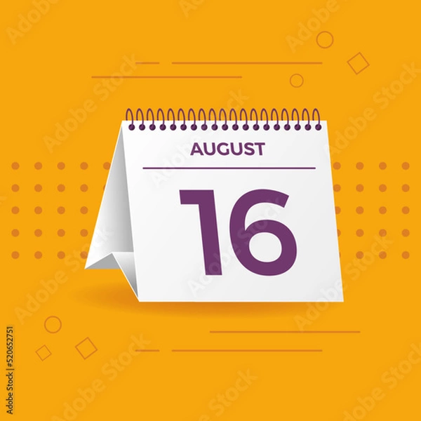 Fototapeta White calendar on yellow background. August 16th. Vector. 3D illustration.
