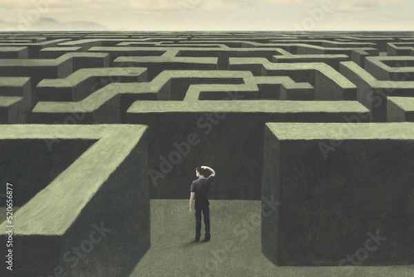 Obraz Illustration of man lost in a complex labyrinth, surreal abstract concept