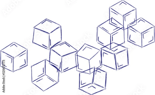 Fototapeta Hand drawn line ice cube, sugar, toys. Cold pieces, pieces of ice,  doodle sketches. The review is illustrated with cubes. Vector illustration with cubes.