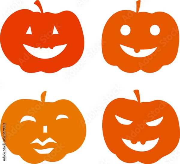 Fototapeta Set of the Halloween pumpkins with cute faces. Orange silhouettes on white background. Vector design elements. 