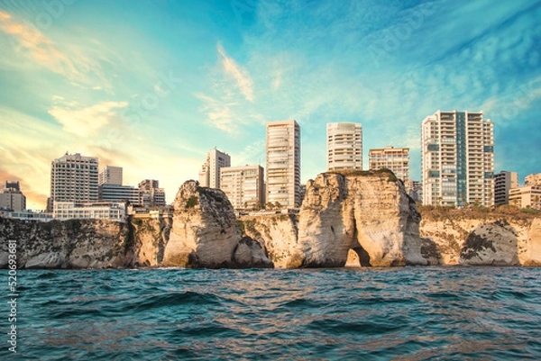 Fototapeta Beautiful view of the Pigeon Rocks on the promenade in the center of Beirut, Lebanon