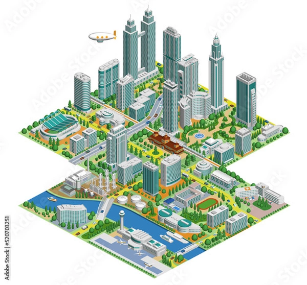 Obraz ブロックのように組み合わせれば大きな都市になる街並みイラスト　バリエーションあり