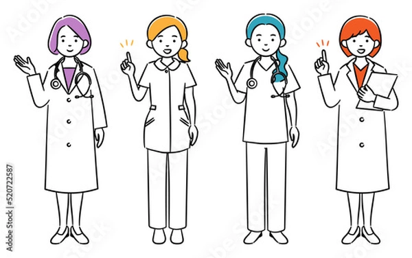 Fototapeta 若い女性医療従事者達のシンプルイラストセット