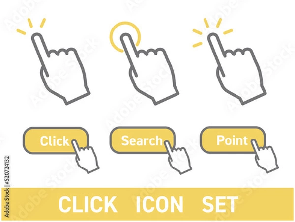 Fototapeta ボタンをクリックする指のアイコンセット　イエロー
