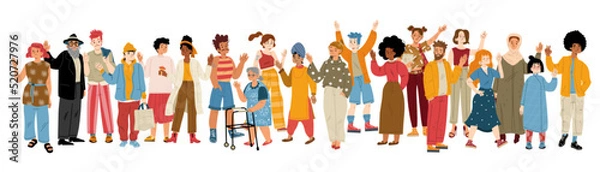 Fototapeta People crowd, diverse characters waving hand. Multiracial community with african american, jewish, asian, muslim and indian men and women, elder persons, vector flat illustration