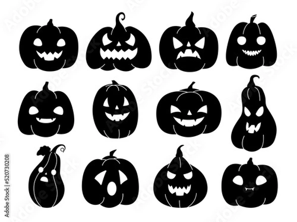 Obraz Set of pumpkins for Halloween. Creepy pumpkin head with a smile in black color on a white background. Flat vector illustration.