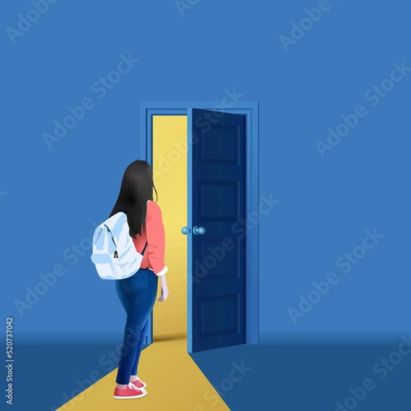 Obraz Career path illustration. Student choose ways. Girl with backpack walking through door character vector artwork. Women face challenges. Female empowerment.