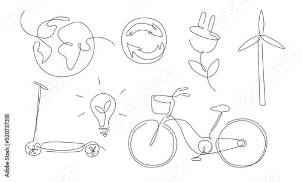Fototapeta One line sustainability elements. outline renewable energy. green life and green planet. e transportation.