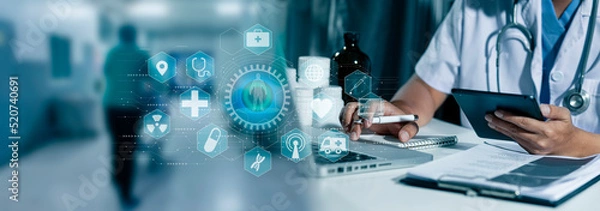 Fototapeta Medical technology and futuristic concept. Doctor hologram modern virtual screen interface.	