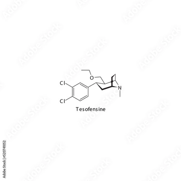 Obraz Tesofensine molecule flat skeletal structure, SNDRI - Serotonin norepinephrine dopamine reuptake inhibitor. Vector illustration on white background.