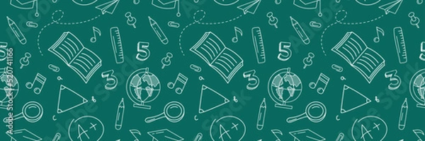 Fototapeta Seamless pattern with school doodles. Back to school hand drawn background for notebook, sketchbook. Learning, knowlege, skill concept. Seamless background with with stationery icons.