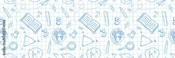 Fototapeta School seamless background. Education, science concept. Back to school pen doodles seamless pattern. Seamless pattern with doodles of school supplies drawn by a pen on a notebook sheet
