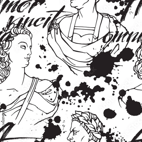 Obraz Vector black and white seamless pattern. Blots, splashes, drops, linear sketches of ancient sculpture of man and woman, qiote in latin love overcome all. Sketch design for textile, wrapping paper.