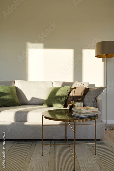Obraz sunny modern apartment, modern living room with light walls, sofa in modern living room, coffee tables near the sofa