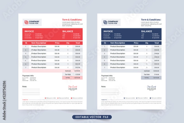 Fototapeta Creative invoice template design for payment information. Business stationery and invoice vector with red and dark blue color. Invoice bill template and cash receipt design with business info section.