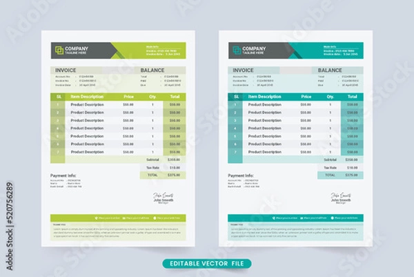 Fototapeta Payment receipt template design with yellow-green and cyan color. Creative invoice template vector for product and payment info. Cash receipt decoration and business stationery design.