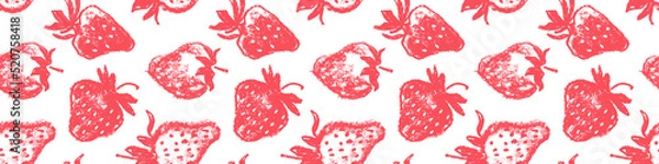 Fototapeta Vector Strawberries seamless pattern, strawberry illustrations, hand-drawn red berry for vegan banner, juice or jam label design. Ripe berries background for baby food packaging. Strawberry backdrop.