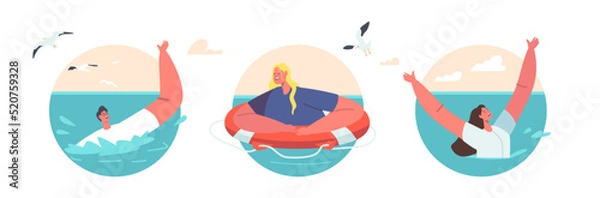 Fototapeta People Swimming in Sea after Shipwreck Isolated Round Icons. Exhausted Man and Women Waving Hands, Trying to Survive
