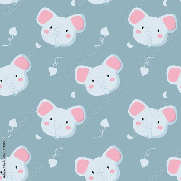 Fototapeta Cute elephant seamless pattern, animal muzzle, head. Cartoon vector illustration. Kid texture, background, wallpapers, ornament. Childish design of wrapping paper, fabric, textile, graphic, print