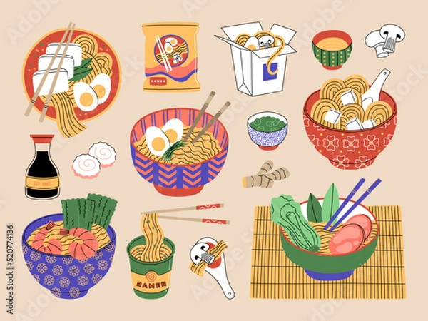 Fototapeta Set of ramen in bowls, chopsticks and souses. Different noodle packages and soup recipes. Traditional popular asian hot meal. Hand drawn color vector illustration. Modern flat cartoon style
