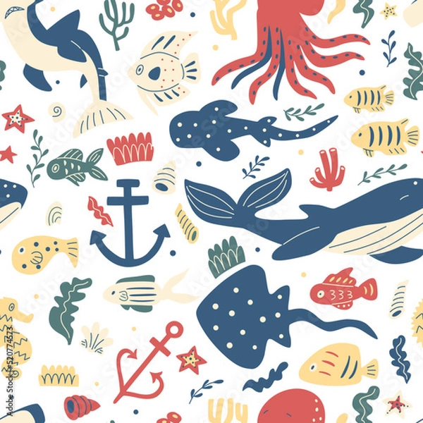 Fototapeta Cute pattern with octopus, whale and fish. Hand drawn vector illustration.