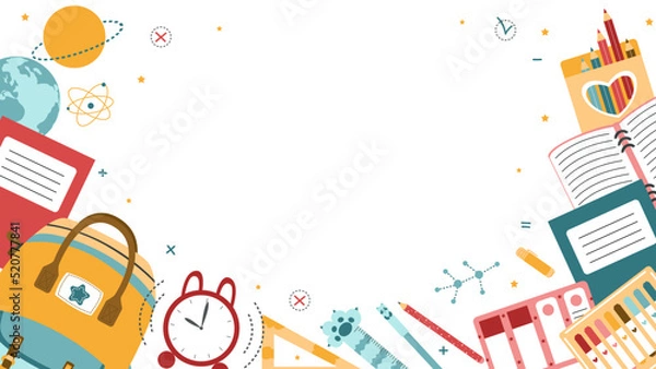 Fototapeta Background for school, school theme, school doodles, inscription in a notebook, training, lessons, time for training, Set of school tools, set of education icons, back to school