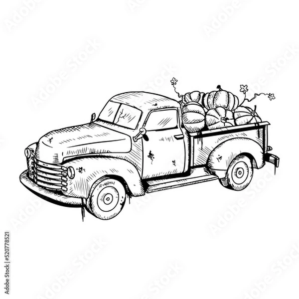 Fototapeta Pumpkin truck. Vector illustration isolated on a white background. Hand-drawn style.