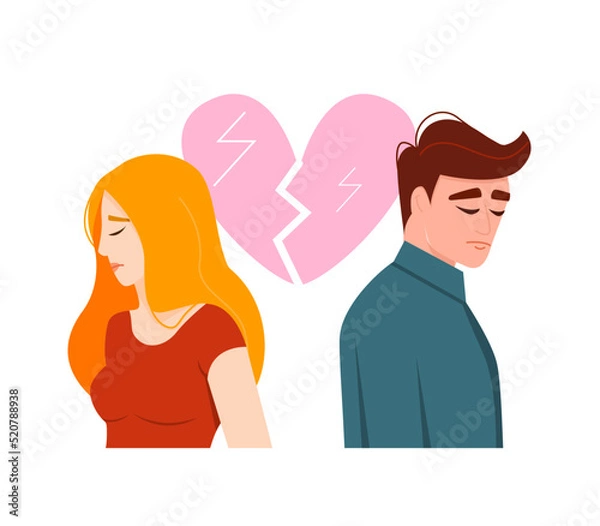 Fototapeta Concept Relationship troubles. Man and woman in a quarrel. Conflicts between husband and wife. Depression and anxiety. Divorce. Vector cartoon characters illustration.