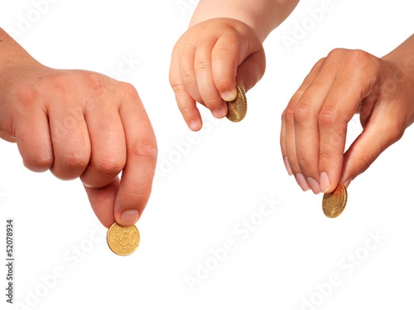Fototapeta Hands with coins.