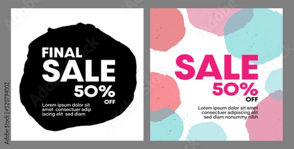 Obraz Sale discount text banner background vector set. With organic circle shape pattern art. Shop clearance badge poster. Special offer price tag, best deal promotion advertising label, retail business.