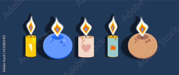 Fototapeta candles of different shapes and sizes. The candles are lit, the fire is realistic. Candles in flat style. Relaxation mood.