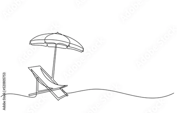 Fototapeta Continuous line drawing of summer vacation concept, sandy beach, beach umbrella, lounge chairs, straw hat, sunglasses and flip flops on tropical beach in single line doodle style. Editable strokes.