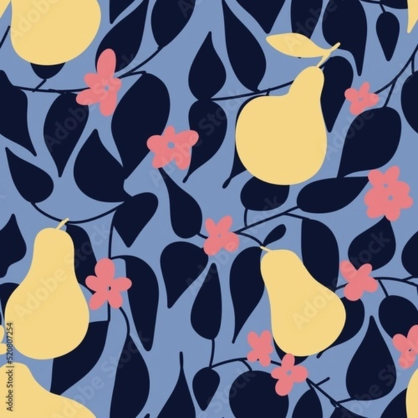 Obraz Seamless pattern with pears flovers and leaves handdrawn 