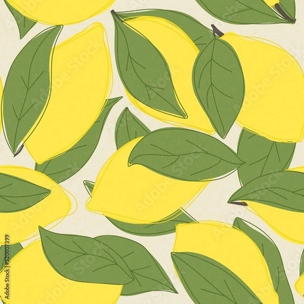 Obraz Seamless pattern with lemons leaves texture, handdrawn 