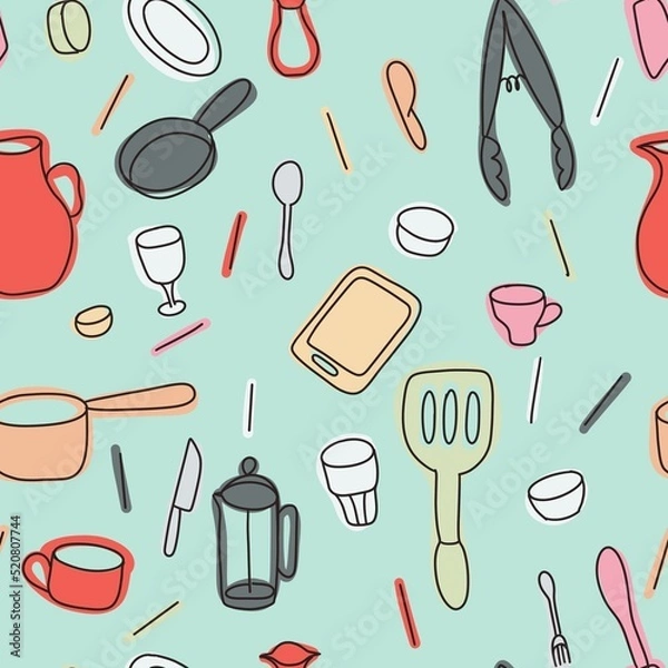 Obraz Seamless pattern with cookware handdrawn style colorful