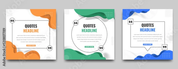 Fototapeta Set of Quotes square banner template design. White background with orange, green, and blue wavy shape. Usable for social media post, card, and web ad