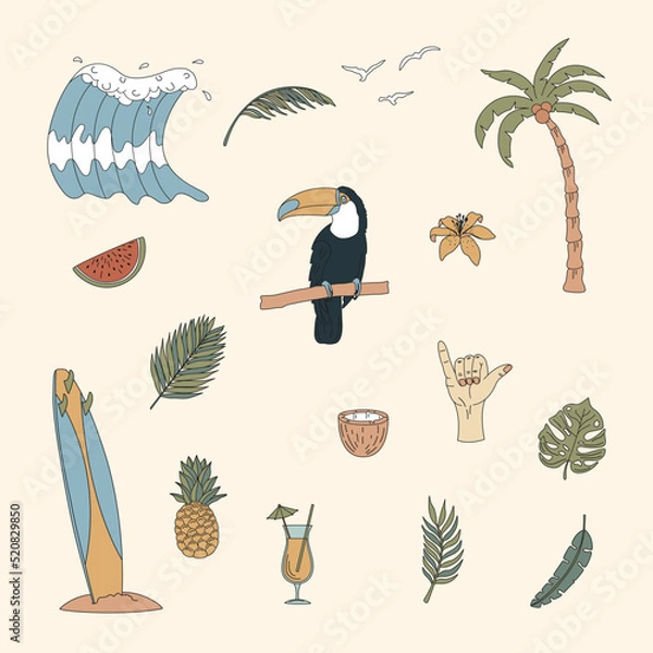 Obraz A set of hand drawn surfing elements. Waves, surfboard, palm trees, tropical leaves and more. Flat vector illustration.