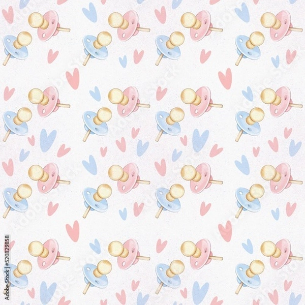 Fototapeta Simple hand drawn seamless pattern of pink and blue pacifiers and hearts.