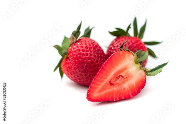 Fototapeta Strawberry isolated. Strawberries isolate. Strawberries with leaf isolate. Whole and half of strawberry on white. Side view strawberries set.