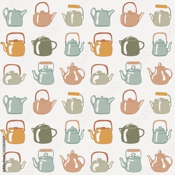 Fototapeta Seamless pattern with teapots and kettles . Kitchen ceramic and glass tea kettle in the style of the 60s on a light background, cute crockery for warm cozy household. Hot drinks utensil.