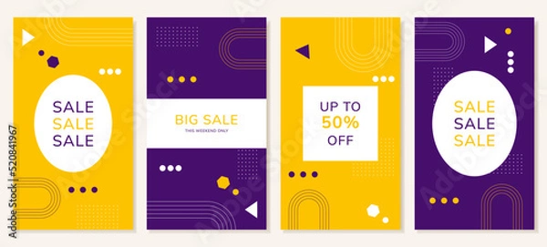 Fototapeta Abstract editable templates, banners for social media posts in yellow and purple. Background for discounts and promotions. Vector